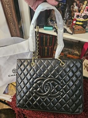 Black Quilted Leather Tote with Gold Chain Handles